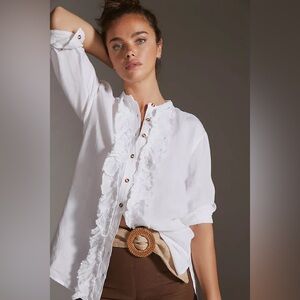 Anthropologie Pilcro Ruffled Placket Shirt in White Linen (size XS)